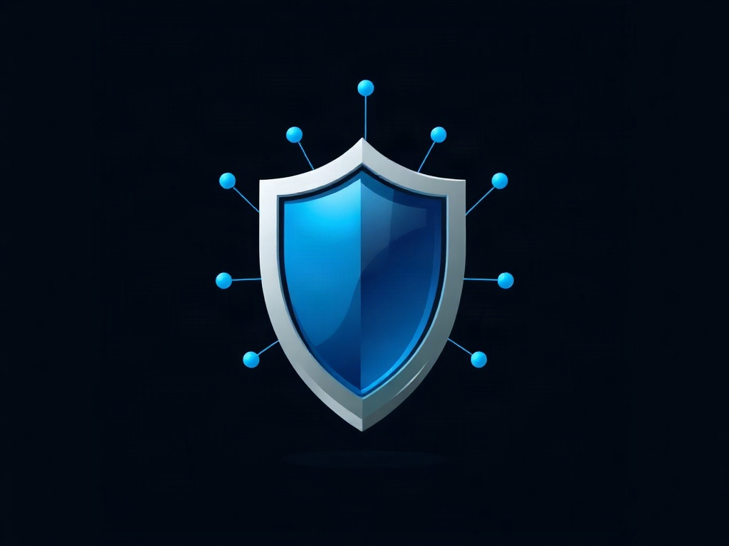 A minimalist icon of a shield with a digital network overlay, rendered in clean silver and blue colors, on a transparent or dark background. Suitable as a logo mark, high detail, vector-like clarity.